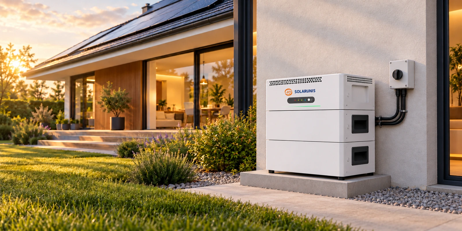 Solarunis SPS energy-storage system with right-side battery handles beside a home with rooftop solar panels